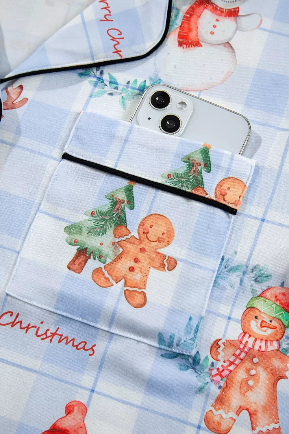 Light blue plaid Christmas pajama set with button-front shirt and pants - view 6
