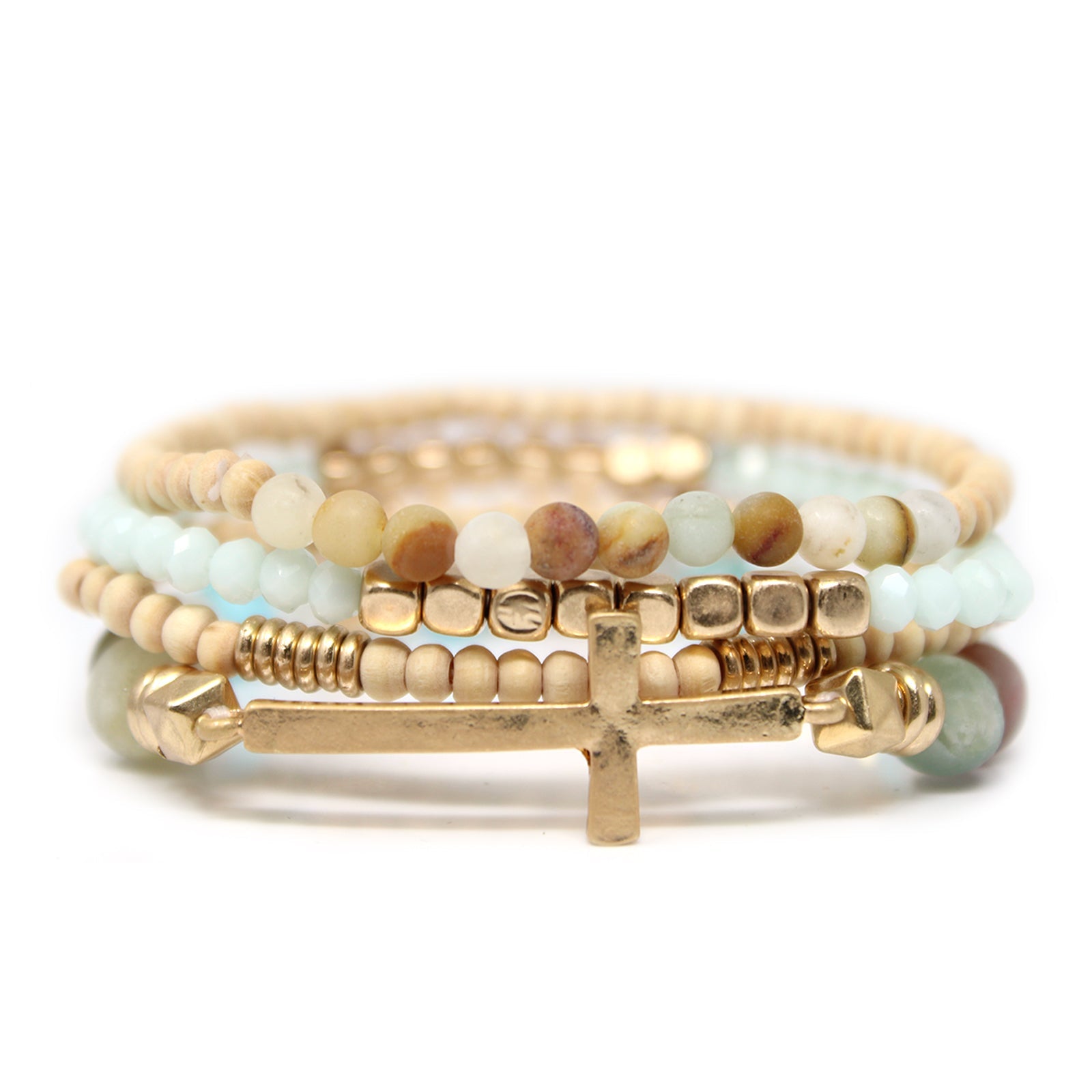 Set Of 4 Stone And Wooden Beads Bracelet - all three colorways styled on wrist