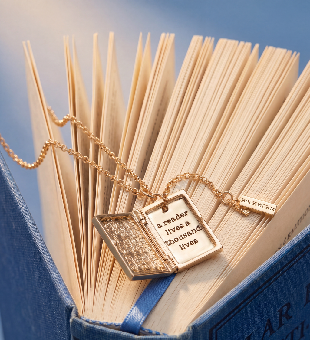 Book Club Locket Pendant Necklace bookmark charm detail