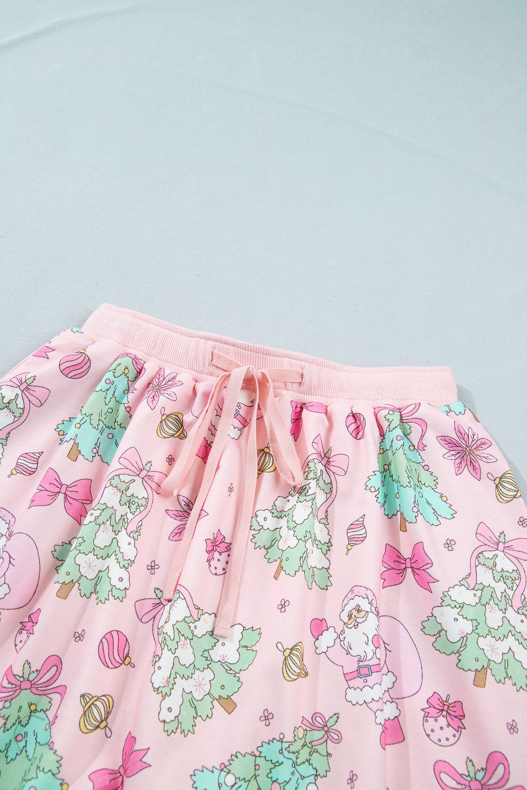Christmas Tree and Santa Lace Trim Top and Skort Set in Pink, close-up detail