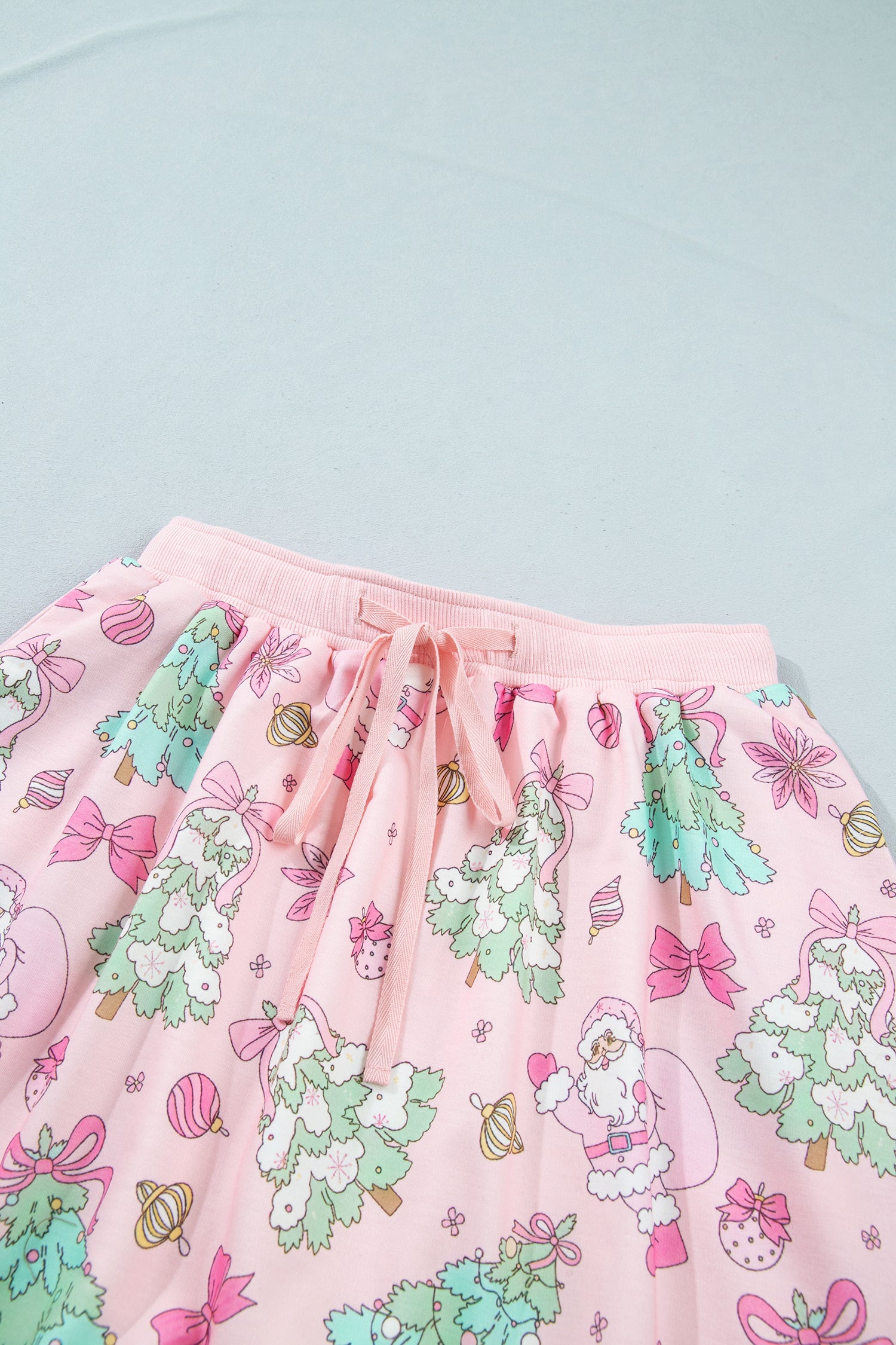 Christmas Tree and Santa Lace Trim Top and Skort Set in Pink, close-up detail