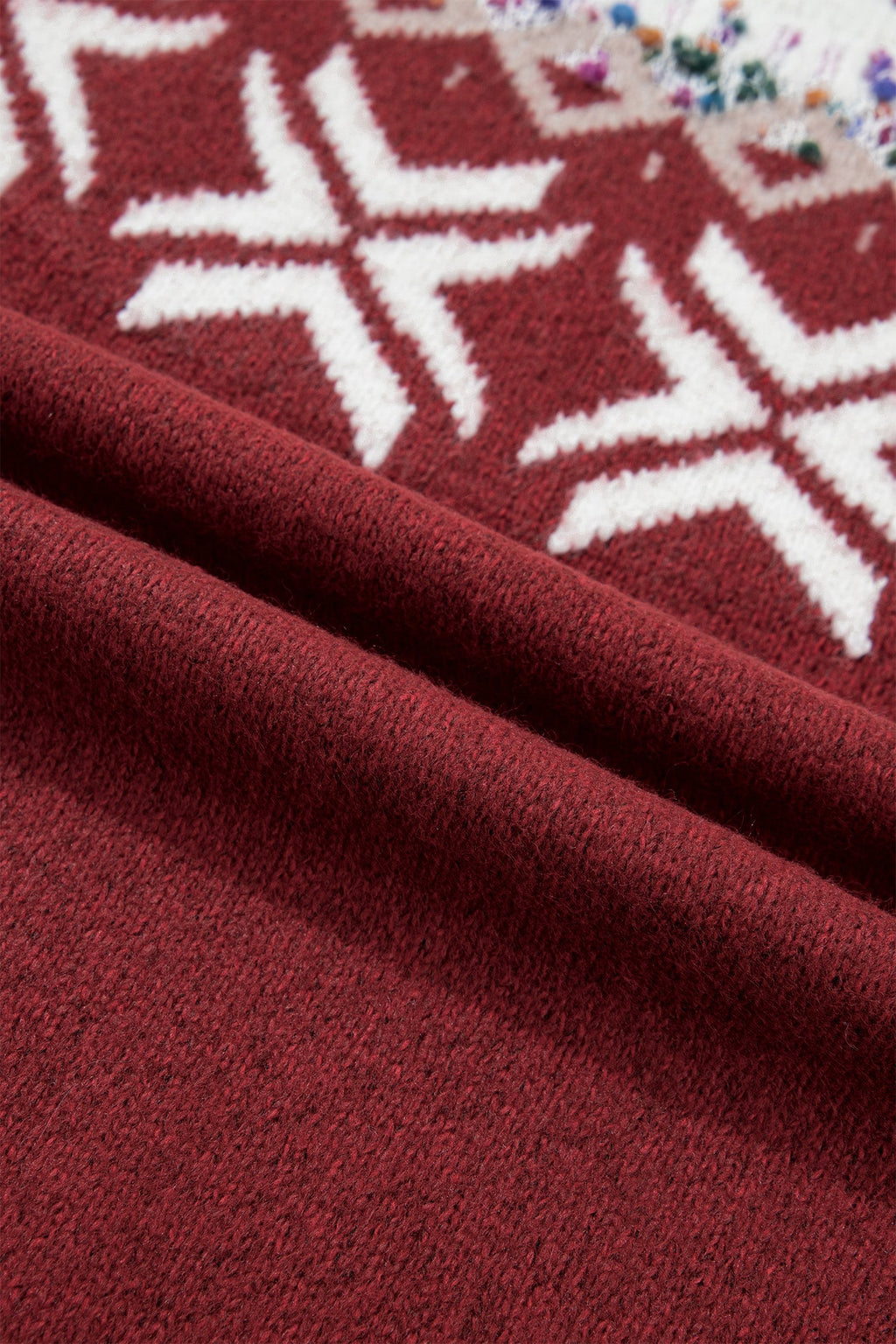 Christmas Fair Isle Raglan Sweater in chicory coffee and red dahlia, side view