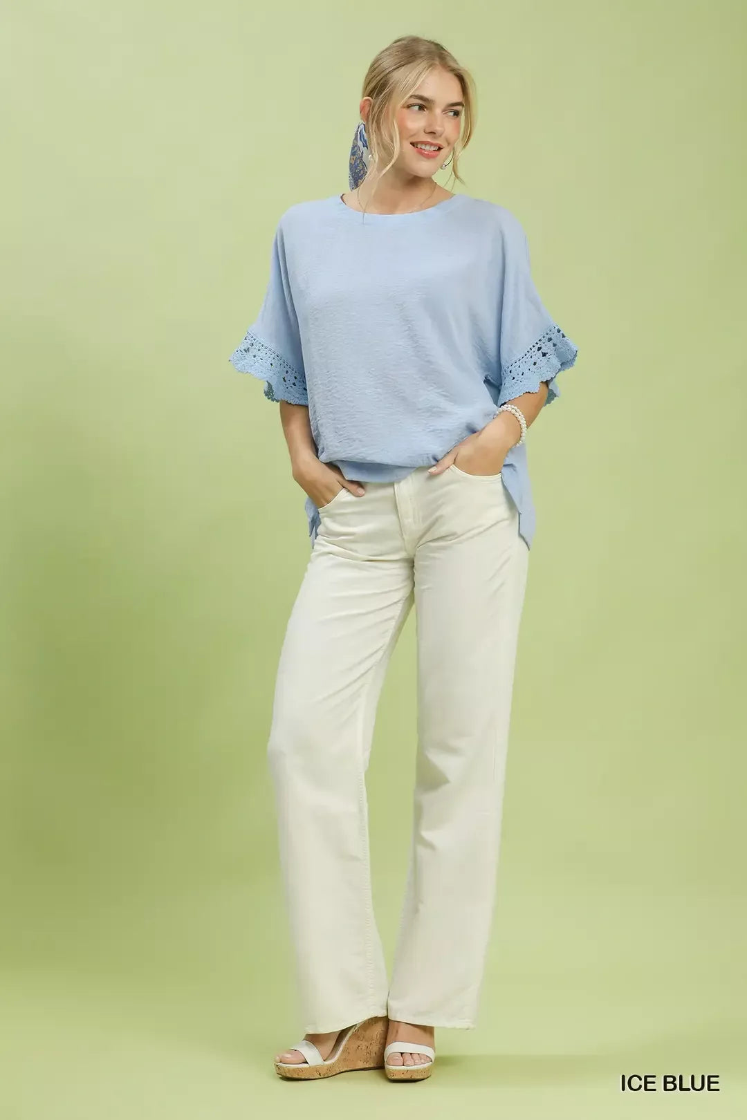 Umgee Crochet Trim Flutter Sleeve Top in Ice Blue - styled outfit view