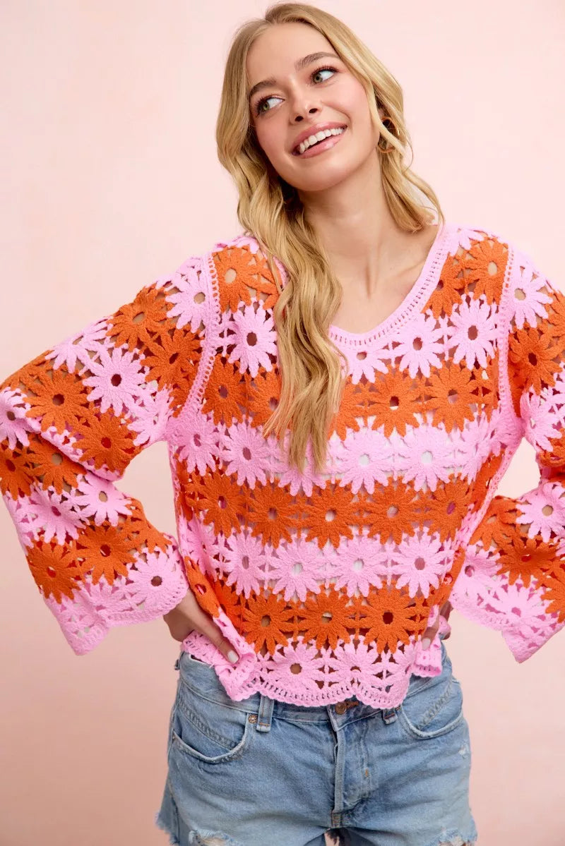 BiBi Flower Crochet Knit Top in Pink/Red, floral crochet detailing