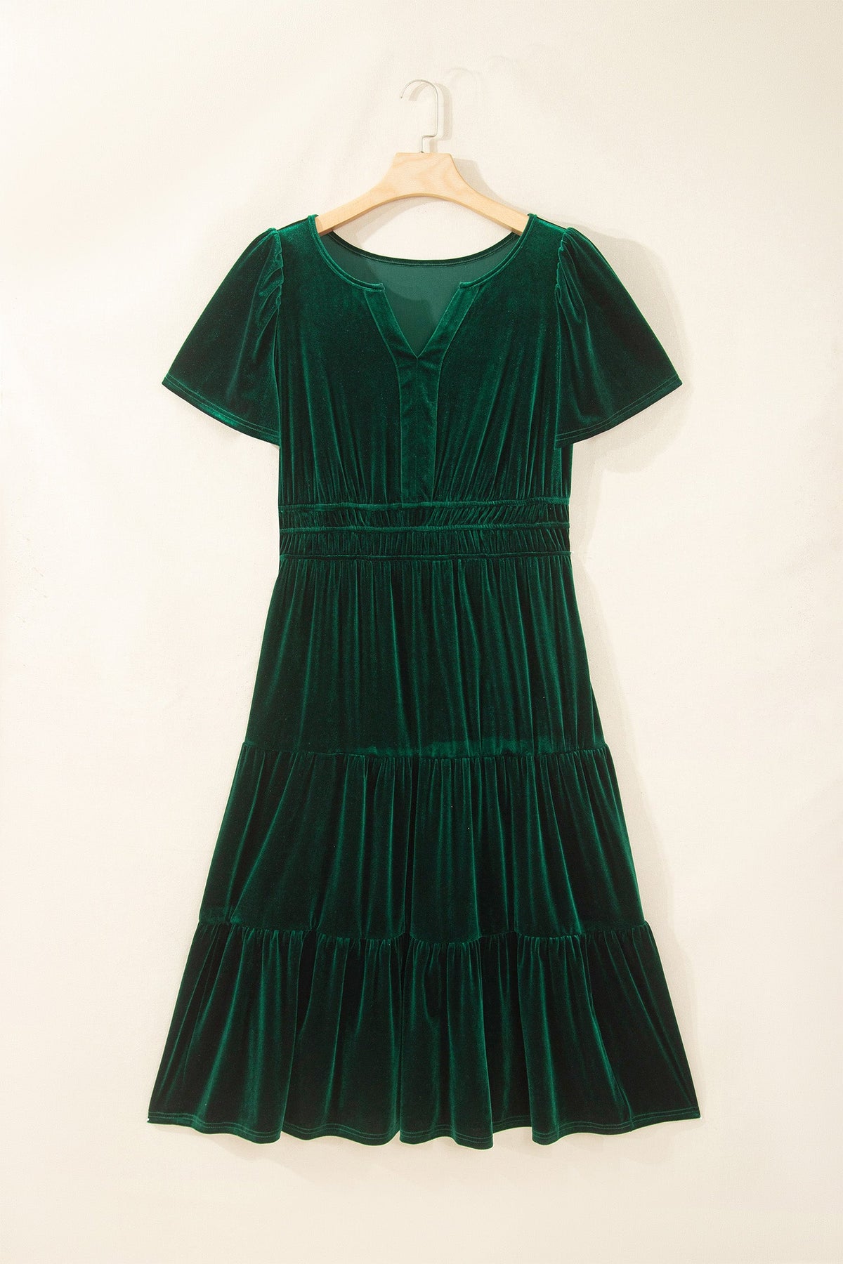 Plus Size Velvet Tiered Maxi Dress in blackish green, detail view