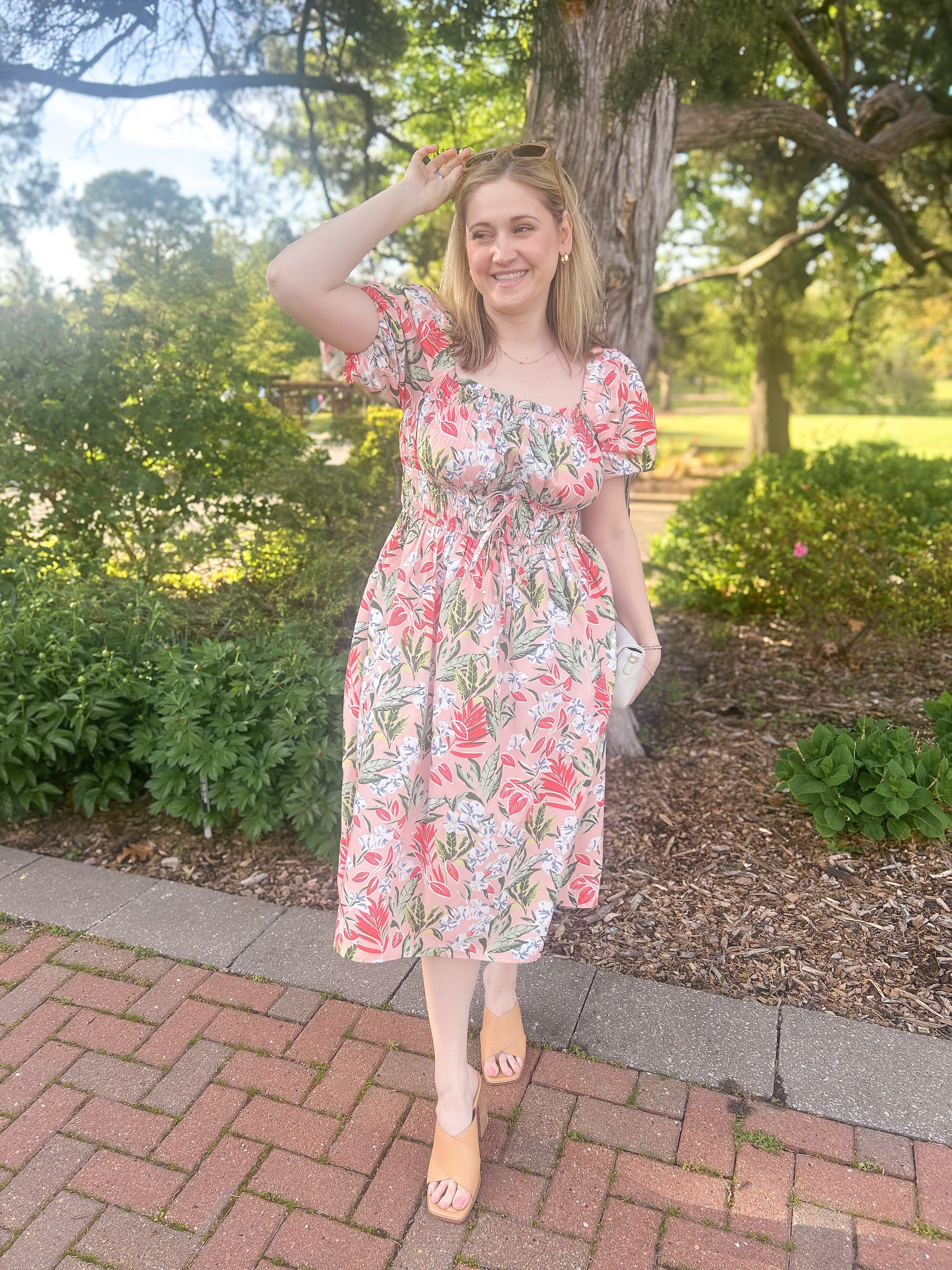 Floral Smocked Square Neck Puff Short Sleeve Midi Dress
