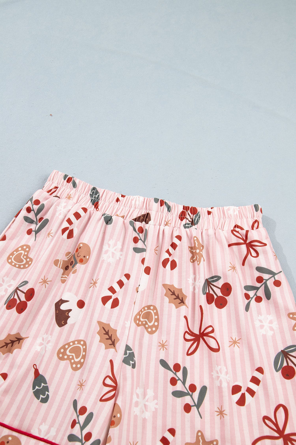 Christmas Stripe Top & Shorts Pajama Set in pink, close-up print detail