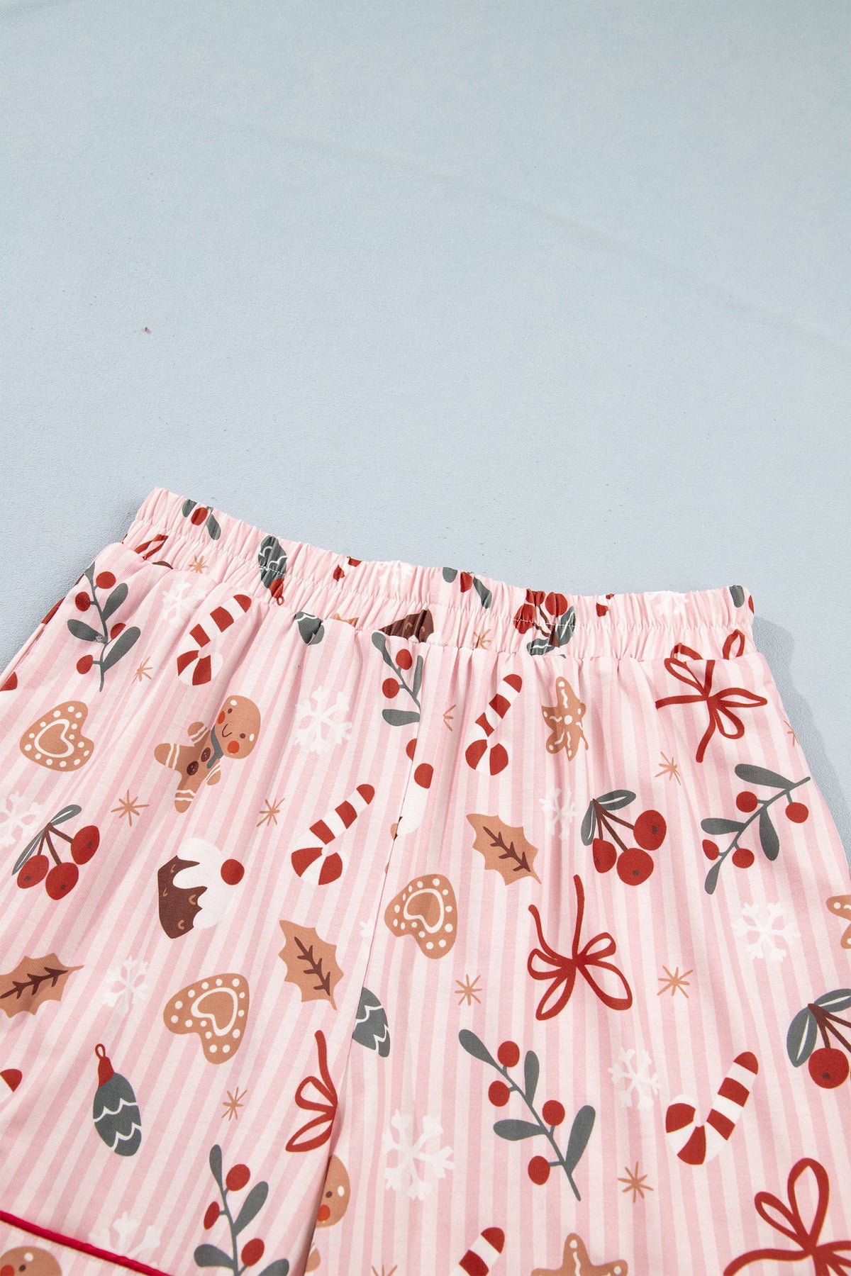 Christmas Stripe Top & Shorts Pajama Set in pink, close-up print detail