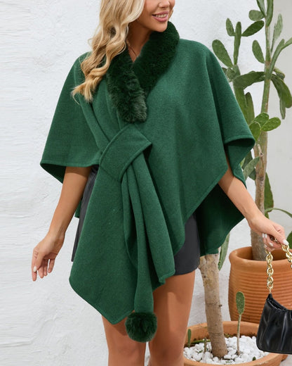 Fuzzy Trim Open Front Poncho