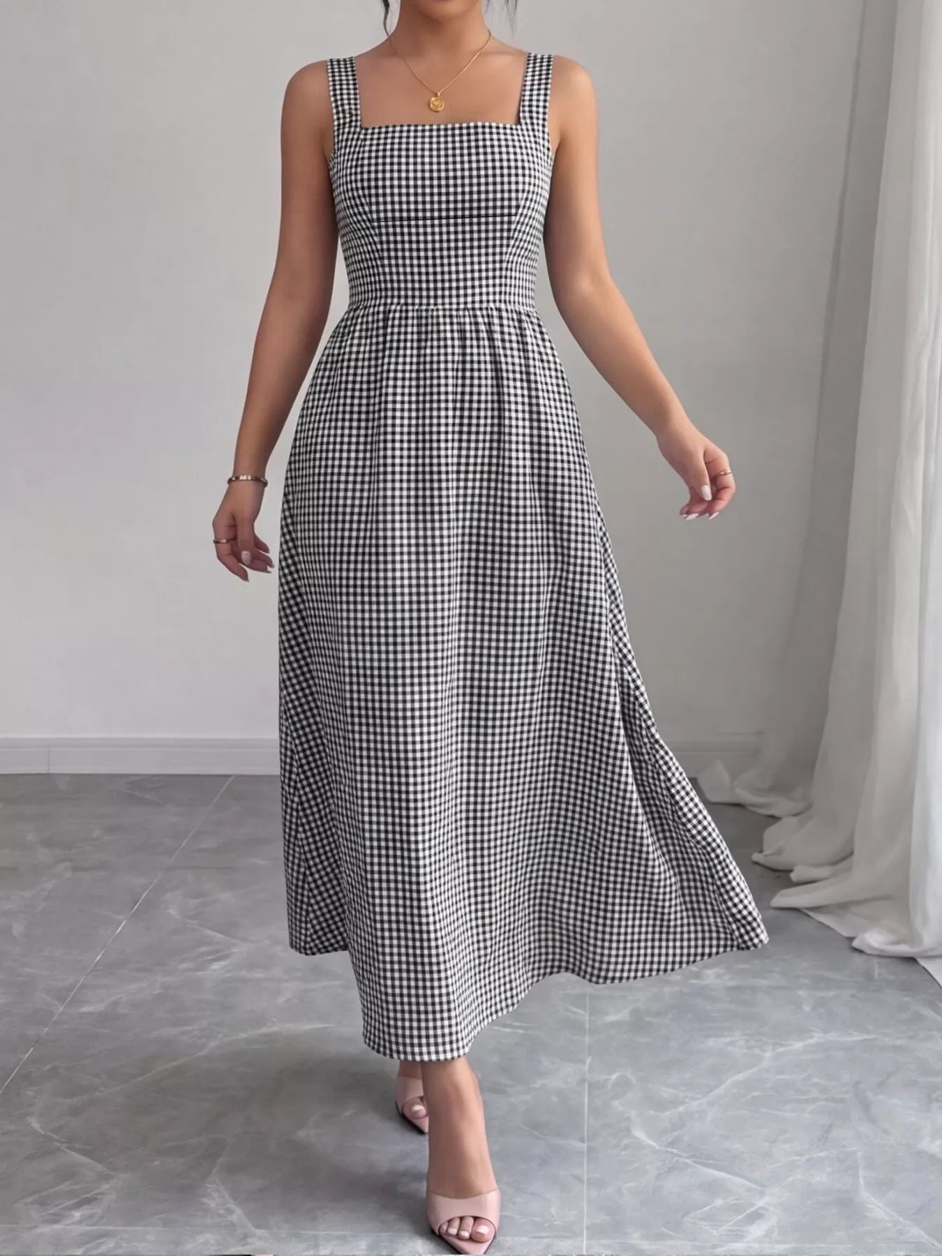 Square Neck Gingham Midi Dress - pleated gingham midi dress, view 4