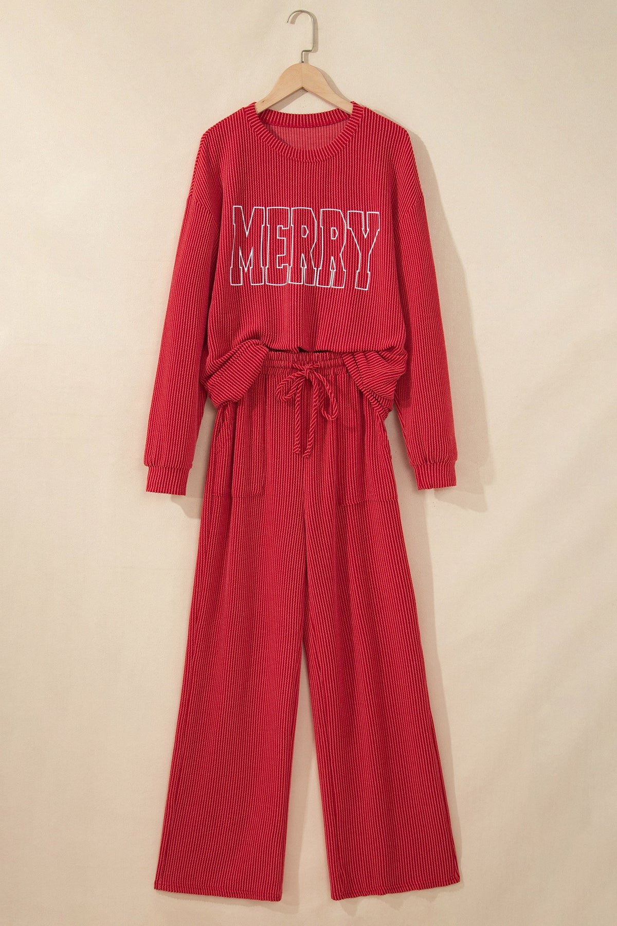 Christmas Corded Knit Top & Pants Set in red, black and green, detail view