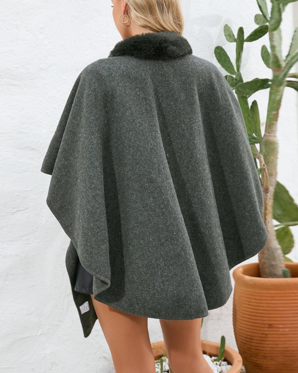 Fuzzy Trim Open Front Poncho