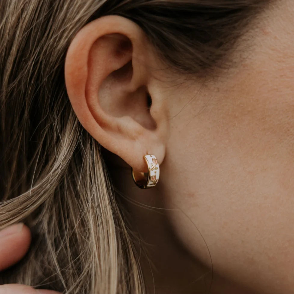 Eloise Tea Cup Hoops - floral huggie hoop earrings, view 2