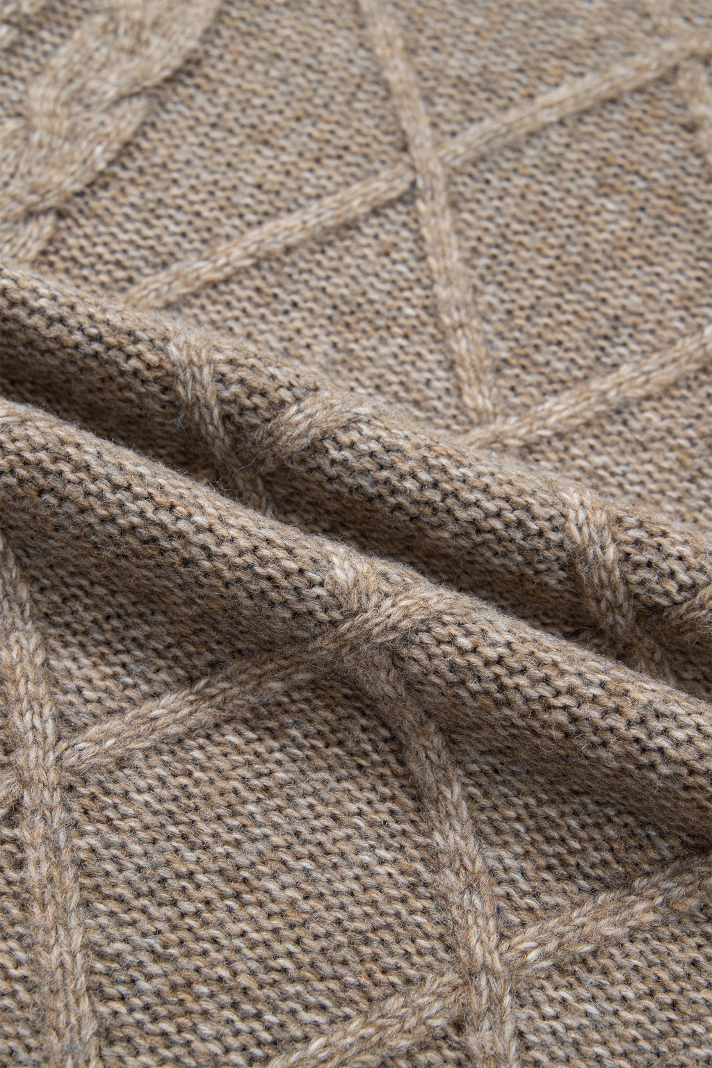 Cable Knit Turtleneck Split Hem Sweater in dark khaki, close-up detail