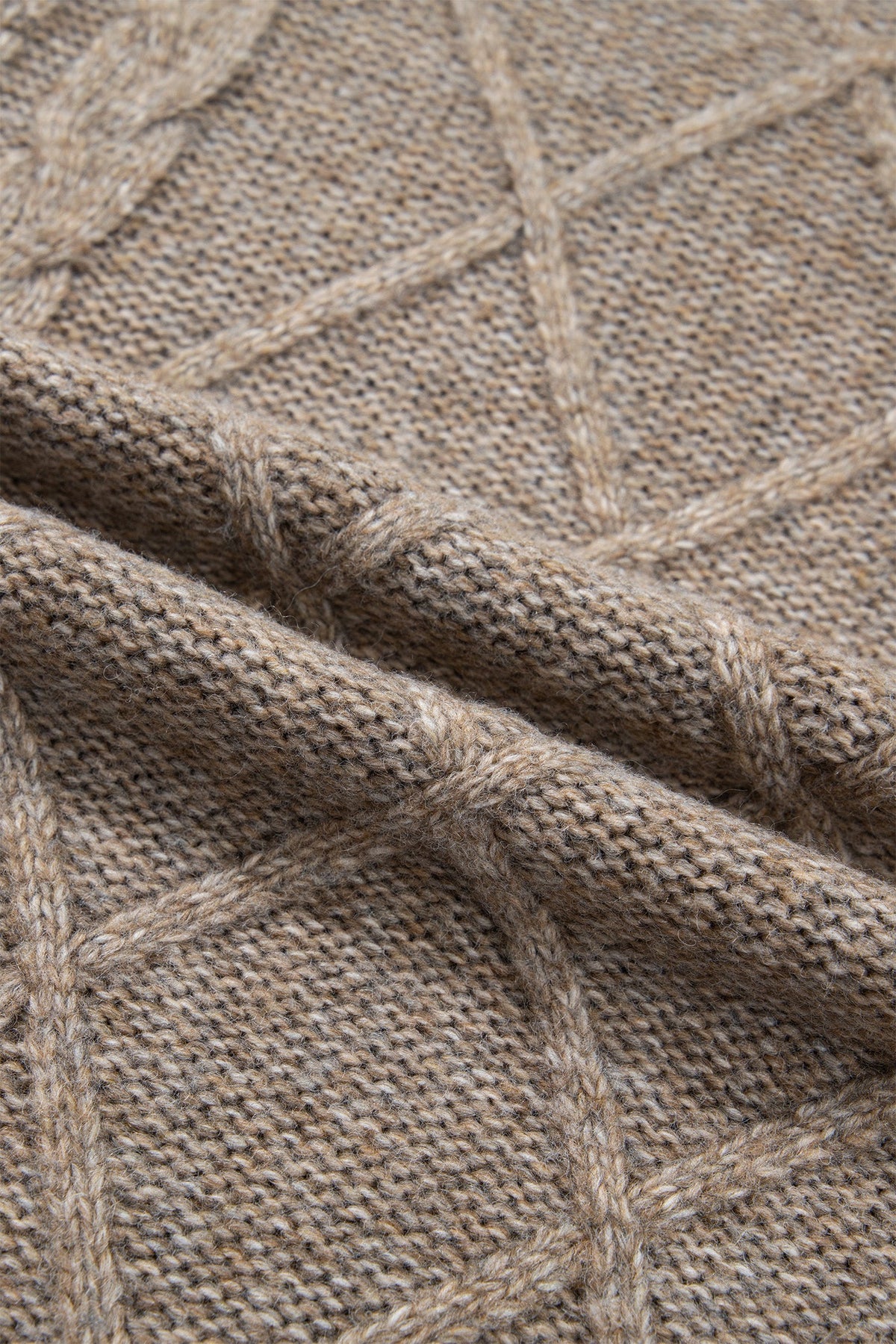 Cable Knit Turtleneck Split Hem Sweater in dark khaki, close-up detail