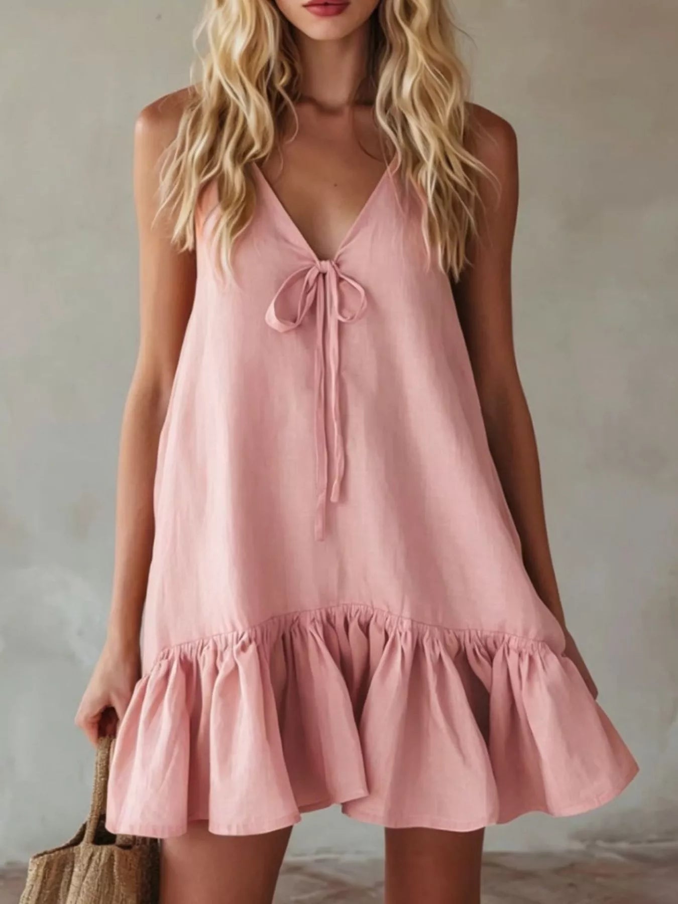 V-Neck Tie Front Ruffle Hem Mini Dress - tie-front ruffle hem dress, view 12
