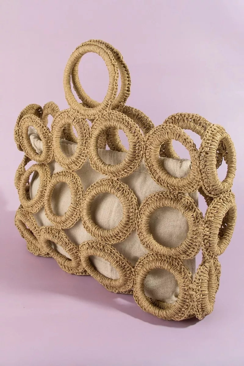 Fame Straw Round Pattern Mesh Hand Bag - side view showing round silhouette