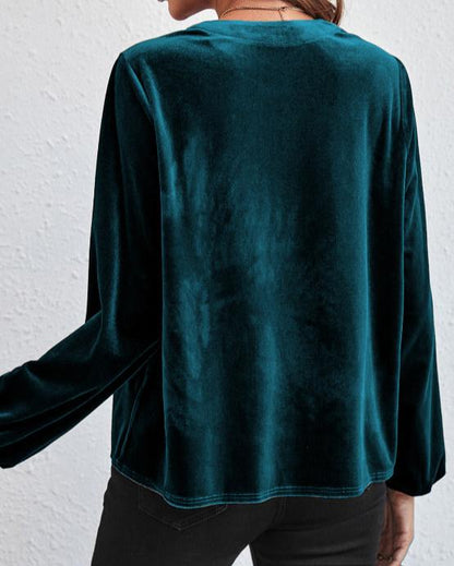 Notched Long Sleeve Velvet Top