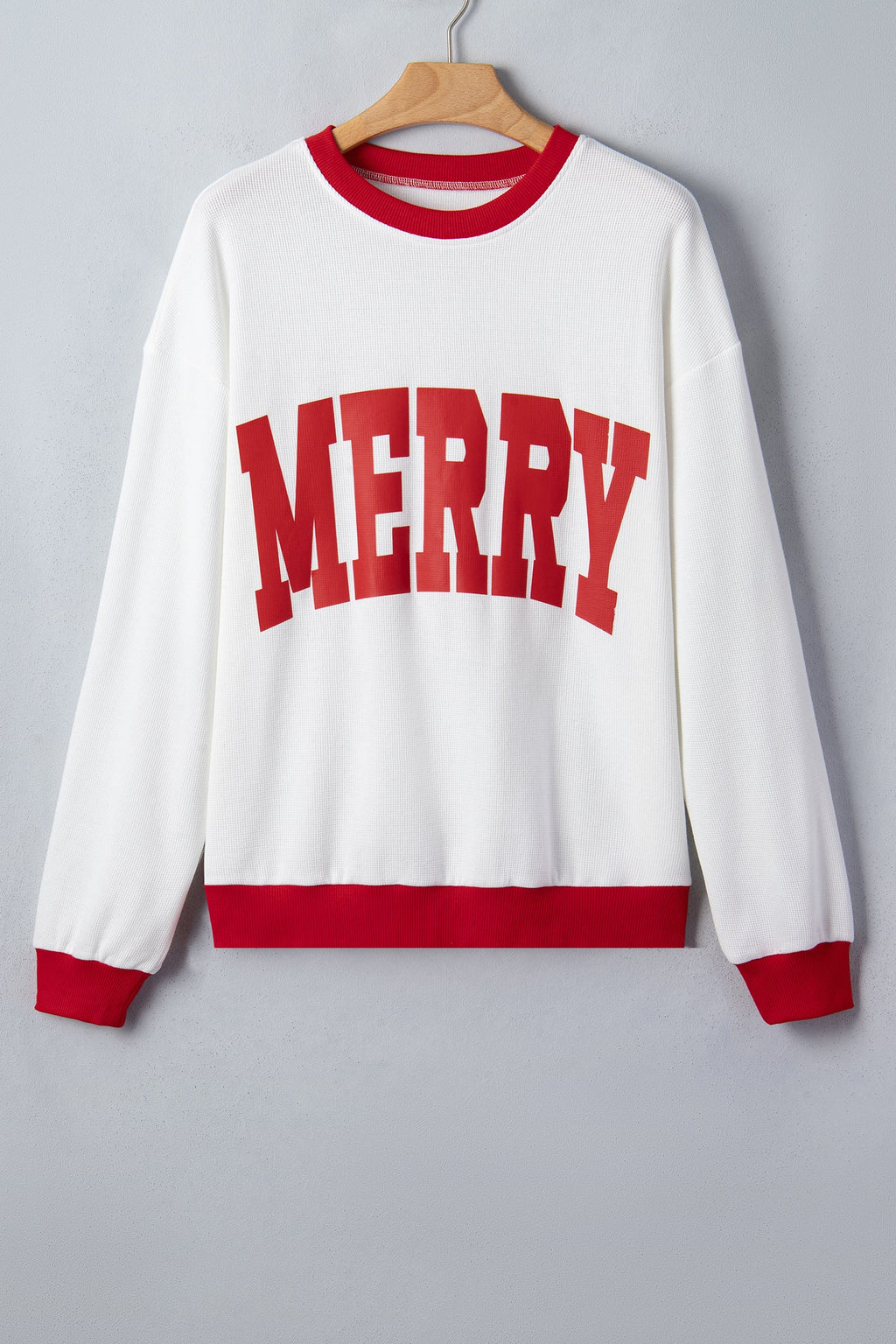 Merry Colorblock Waffle Knit Christmas Sweatshirt in Beige, detail view