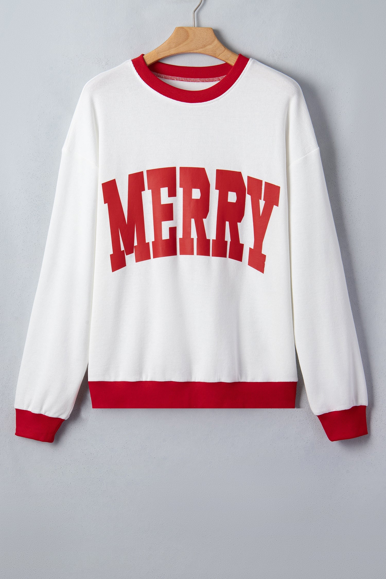 Merry Colorblock Waffle Knit Christmas Sweatshirt in Beige, detail view