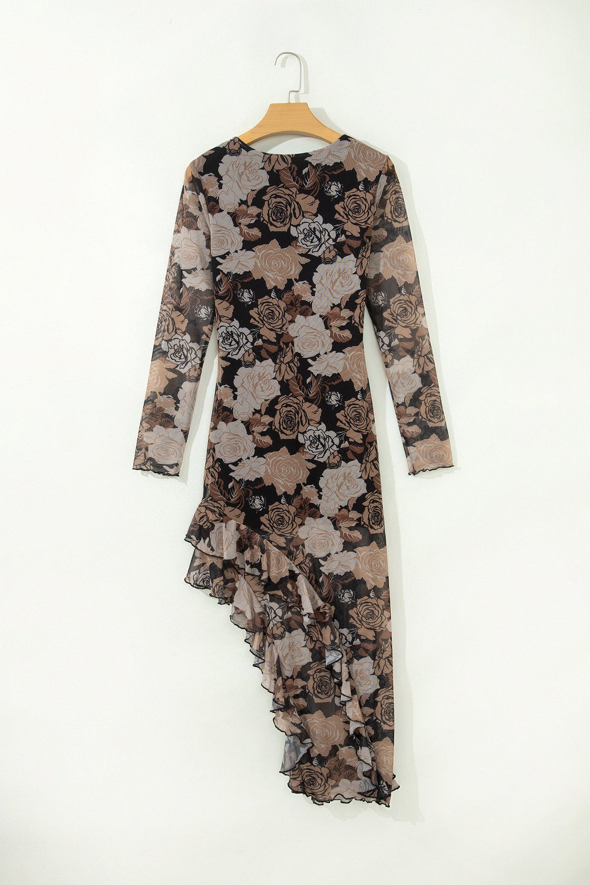 Floral Asymmetric Ruffle Mesh Dress in black, detail