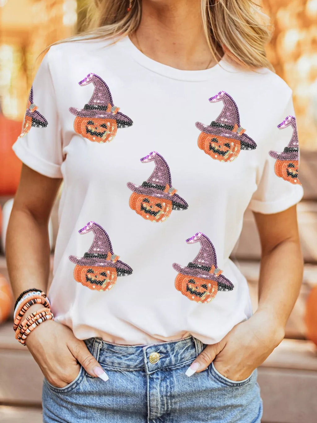 Sequin Pumpkin Witch Halloween Tee - back view