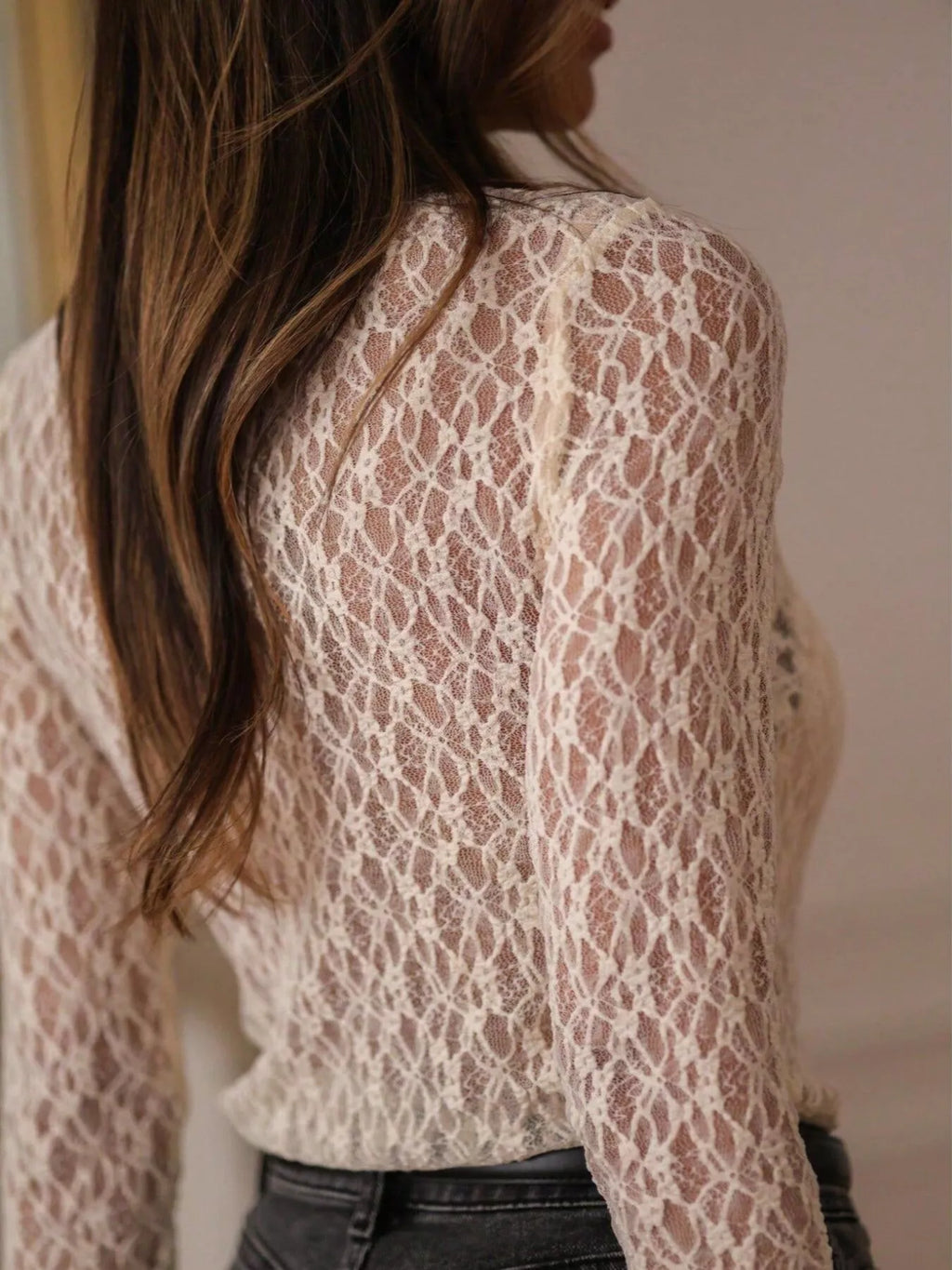 Women's mock neck sheer lace top, view 6