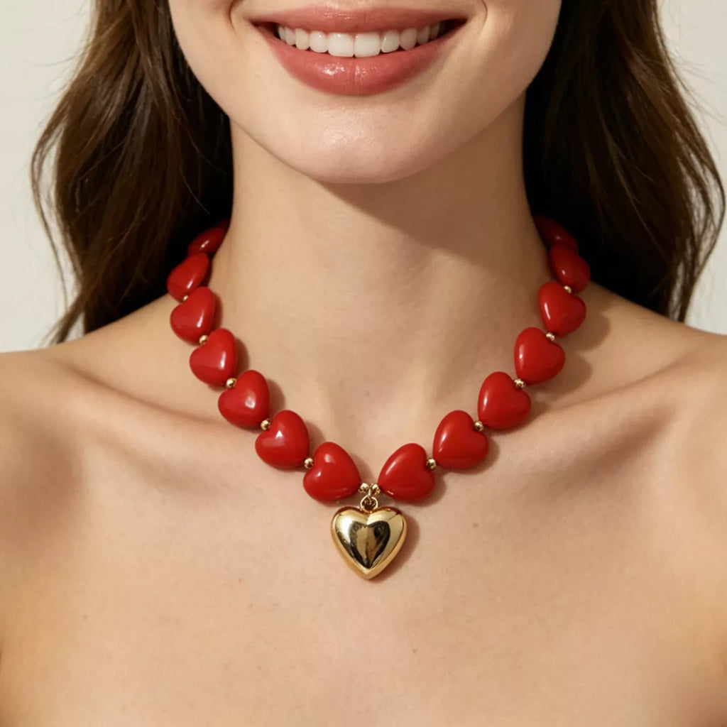 Heart-Shaped Resin Beaded Necklace - close up of pendant