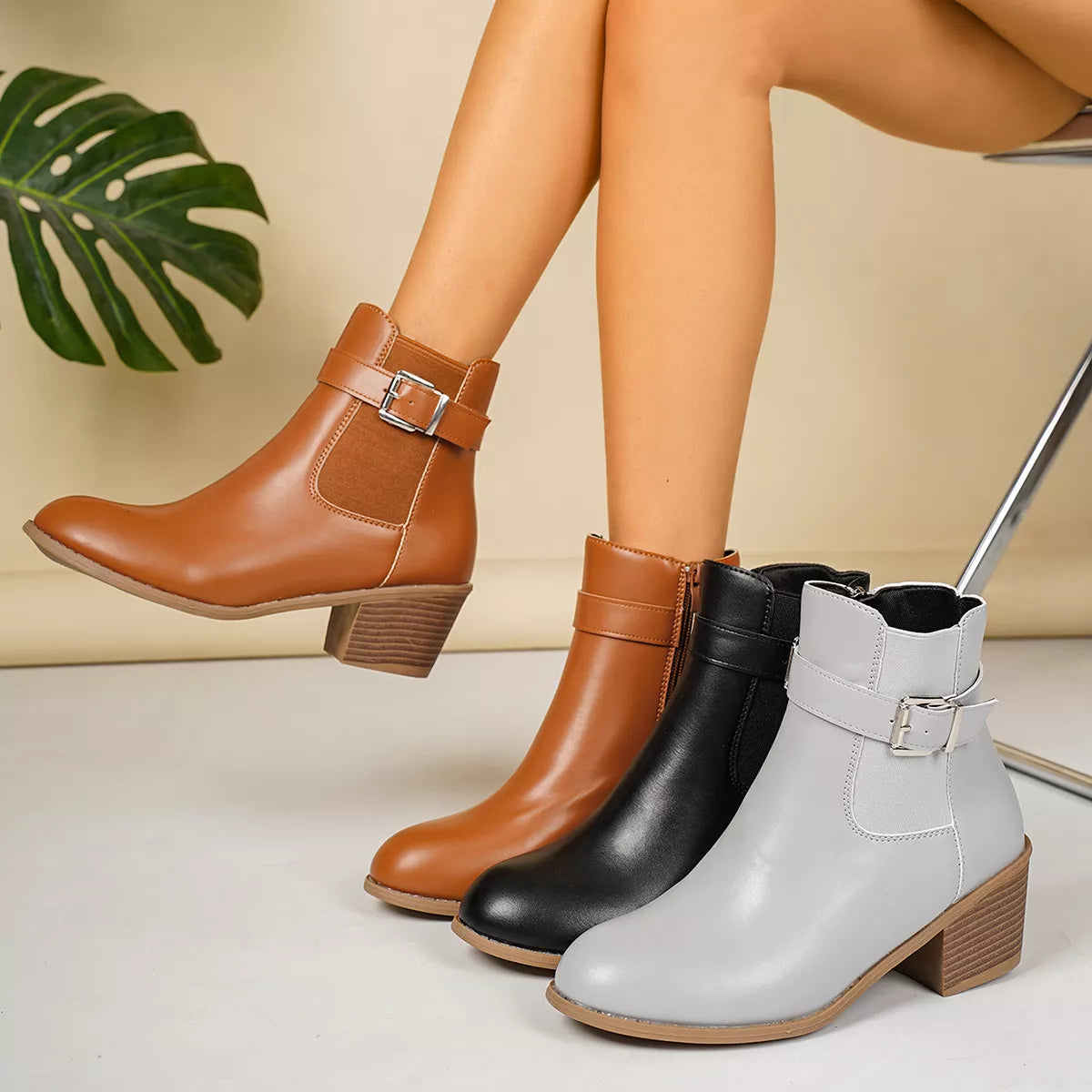 Women's point toe block heel boots, available in gray, dark brown and black