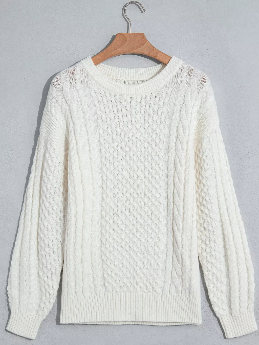 White cable knit crew neck sweater, loose fit - view 8