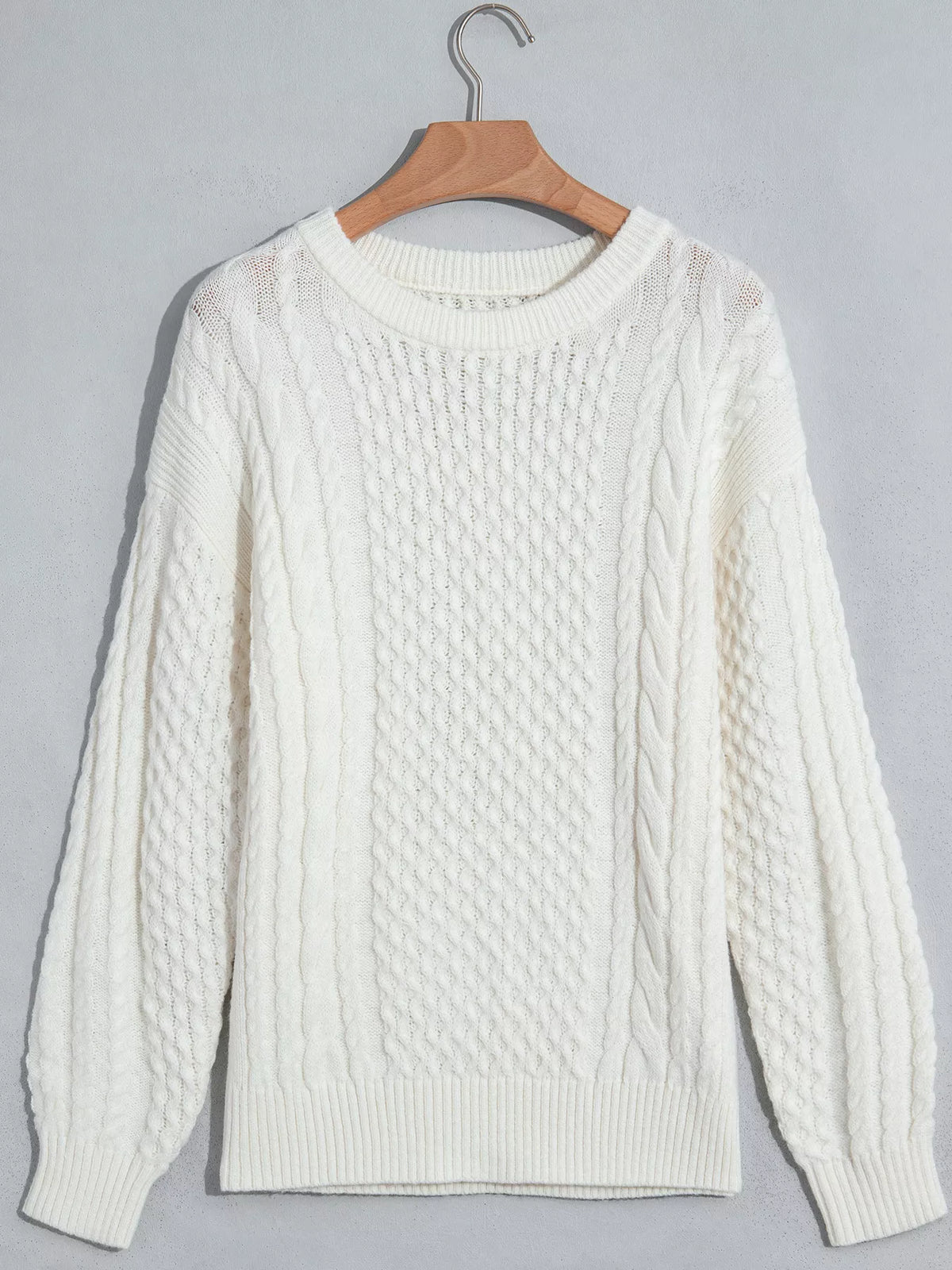 White cable knit crew neck sweater, loose fit - view 8