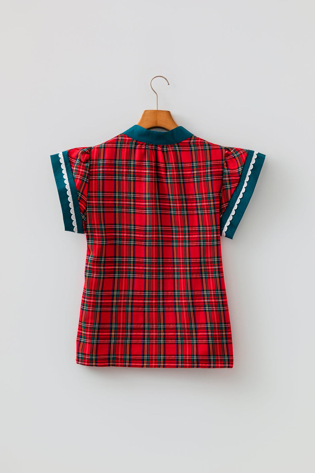 Plaid Scallop Ricrac Trim Short Sleeve V-Neck Blouse in Red, styled view