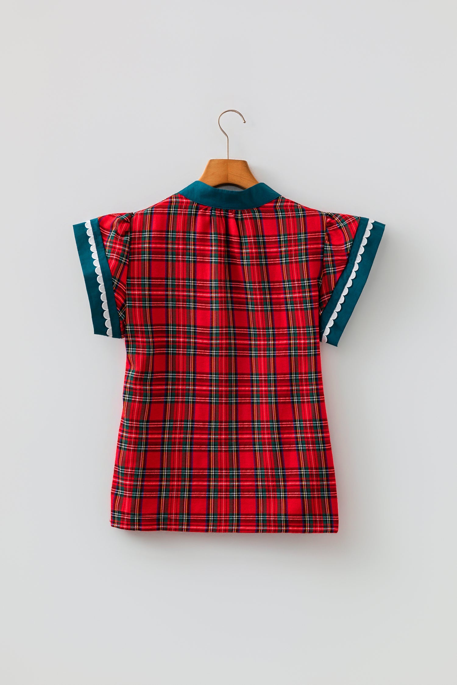 Plaid Scallop Ricrac Trim Short Sleeve V-Neck Blouse in Red, styled view