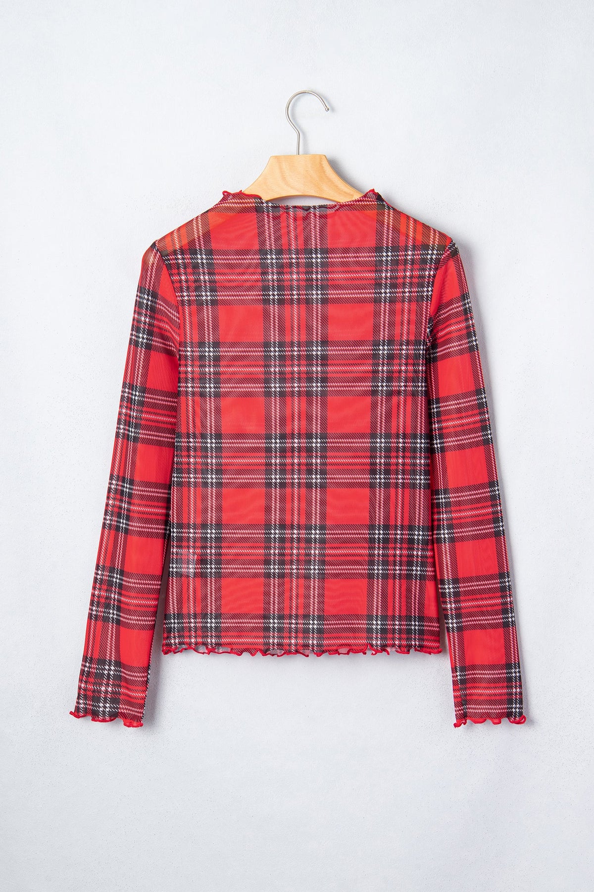 Plaid Mesh Lettuce Trim Top in red, side view
