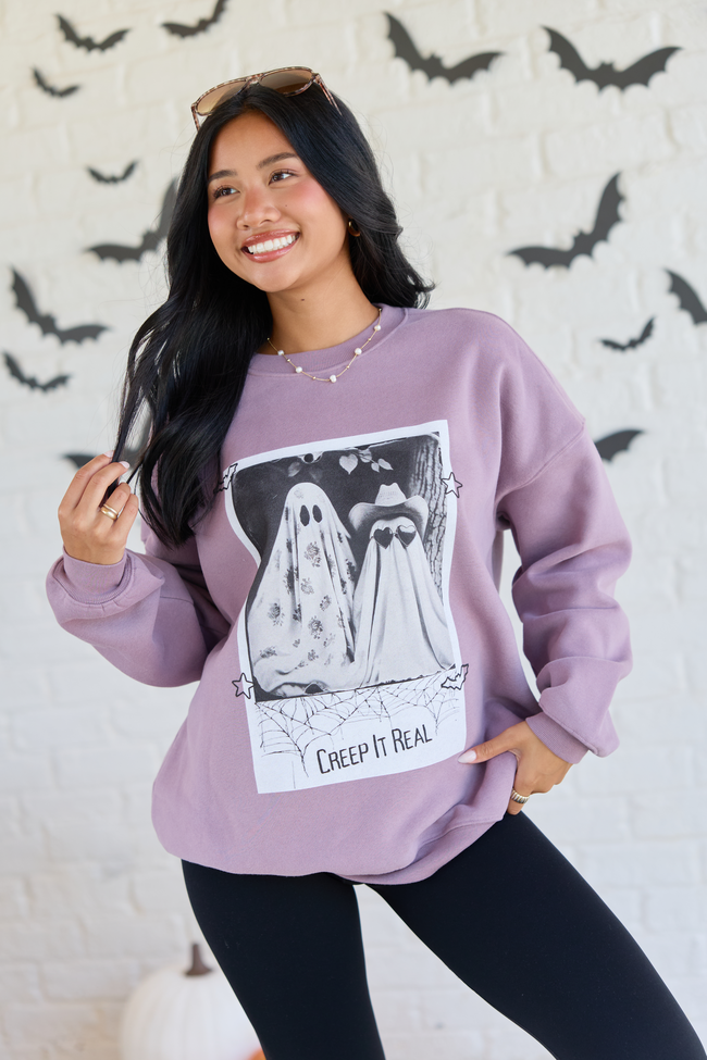 Creep It Real Dark Purple Graphic Sweatshirt, styled view