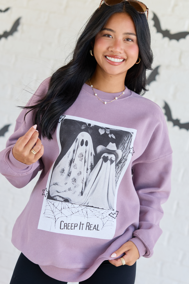 Creep It Real Dark Purple Graphic Sweatshirt, front view