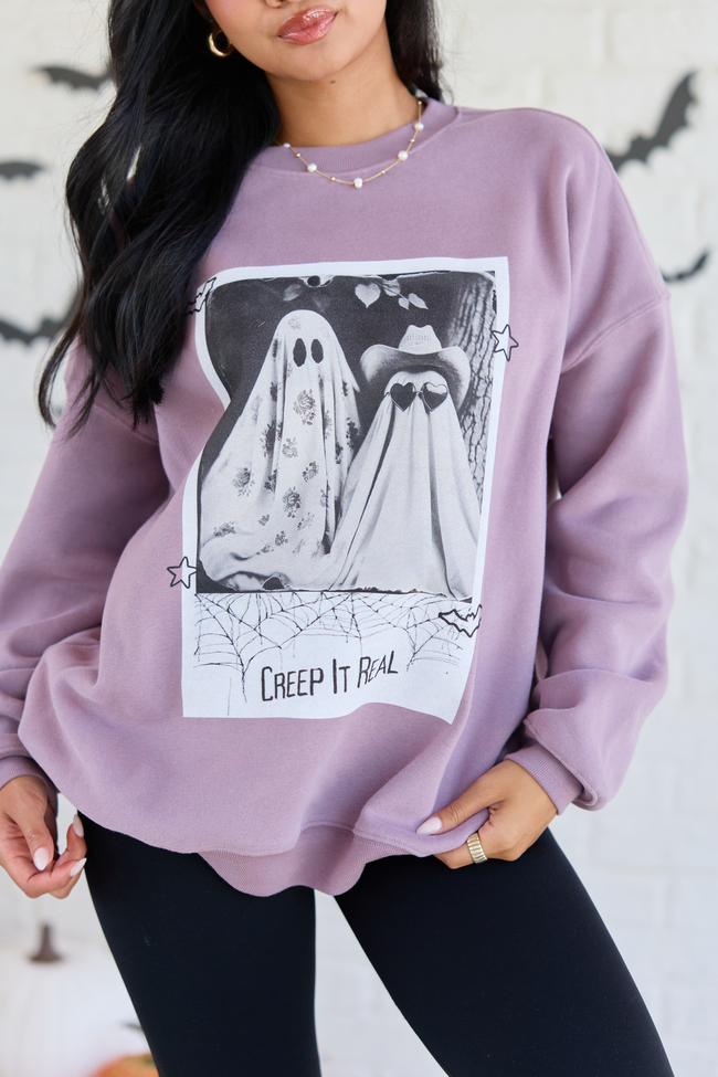 Creep It Real Dark Purple Graphic Sweatshirt, detail view