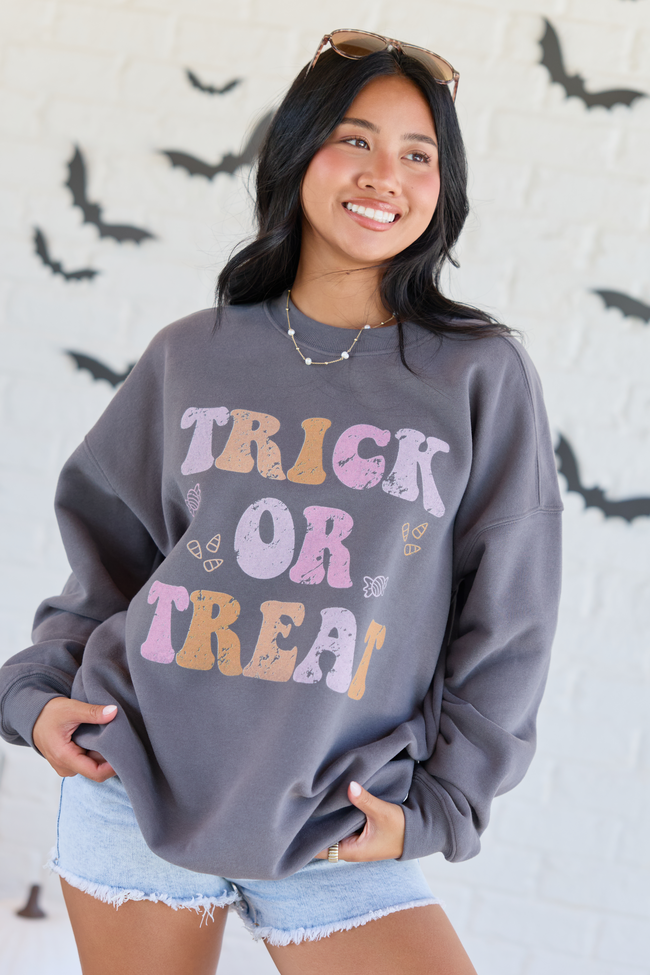 Trick or Treat Dark Grey Graphic Sweatshirt, front view