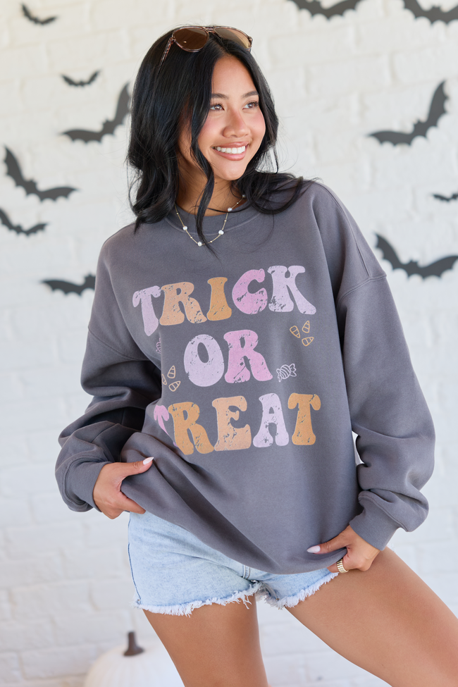 Trick or Treat Dark Grey Graphic Sweatshirt, back view