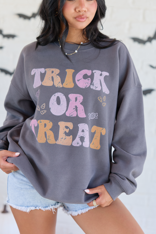 Trick or Treat Dark Grey Graphic Sweatshirt, detail view