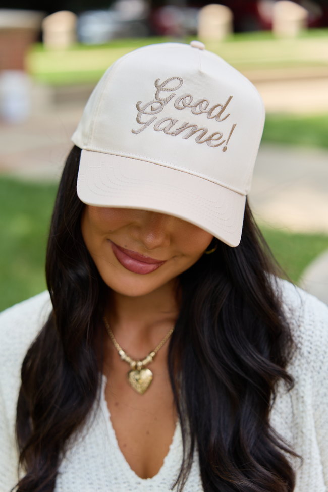 Good Game embroidered trucker hat in Natural/Khaki, side view