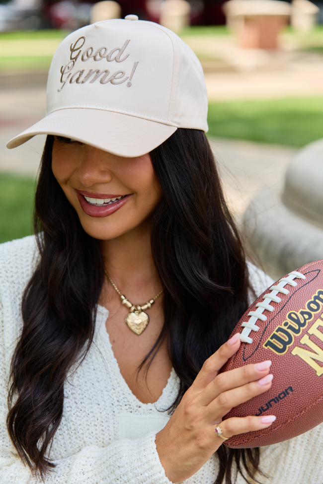 Good Game embroidered trucker hat in Natural/Khaki, front view