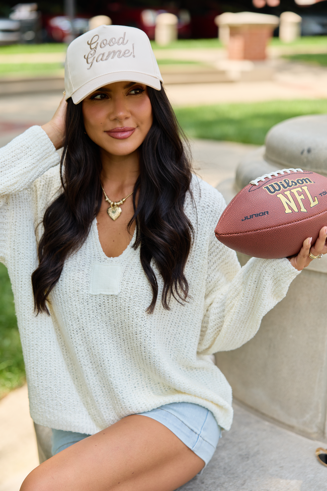 Good Game embroidered trucker hat in Natural/Khaki, styled view