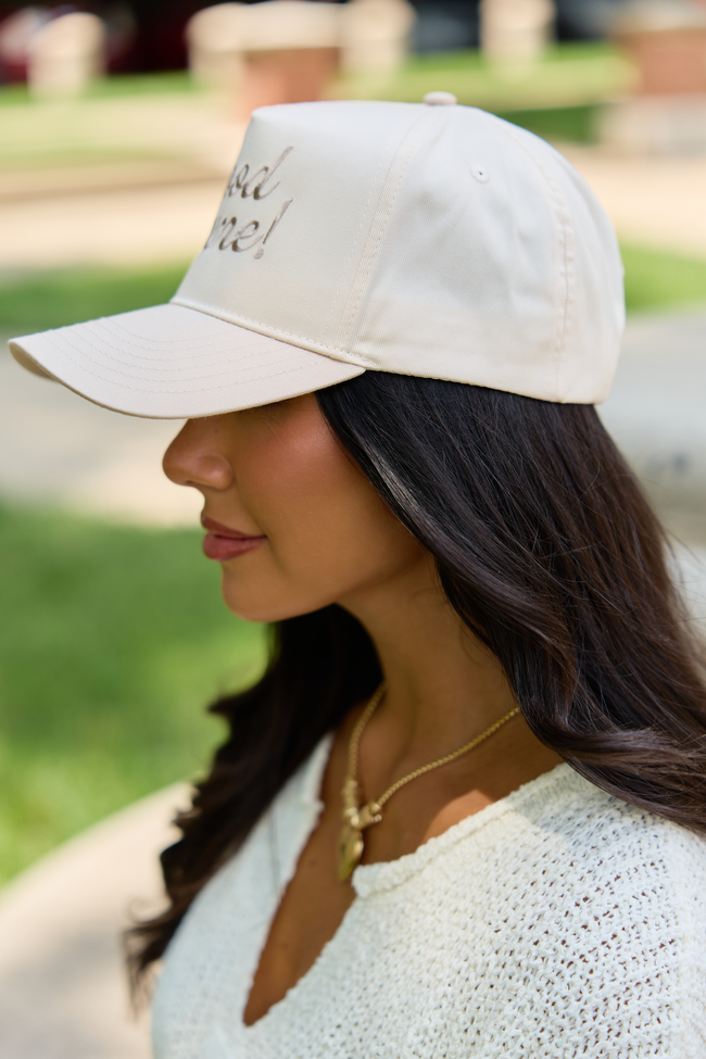 Good Game embroidered trucker hat in Natural/Khaki, back view showing snapback closure
