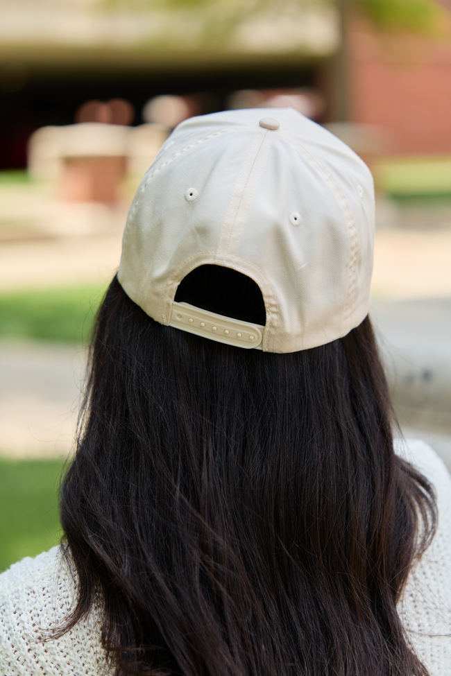 Good Game embroidered trucker hat in Natural/Khaki, detail view