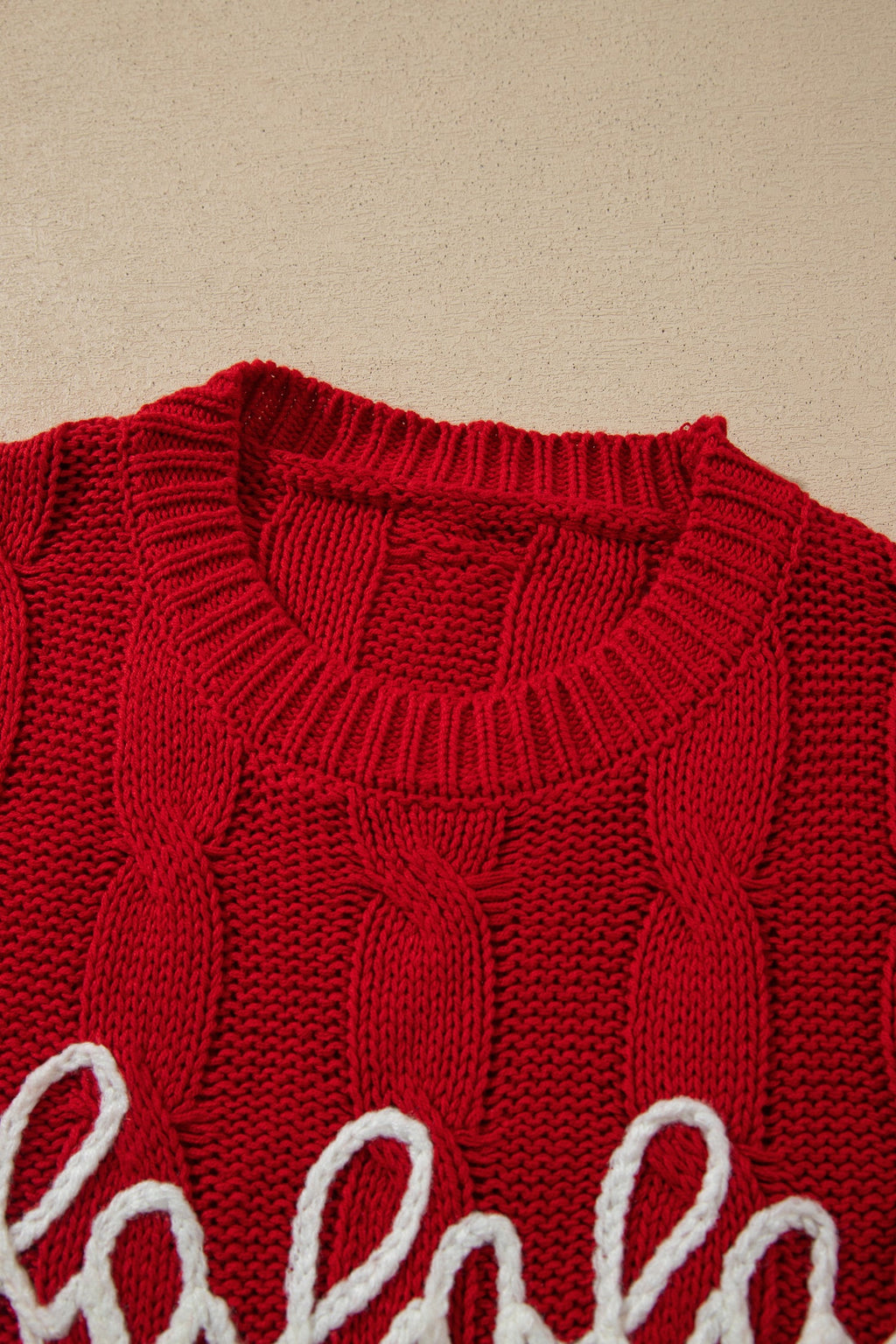 Christmas Fa La La Cable Knit Sweater in fiery red, back view