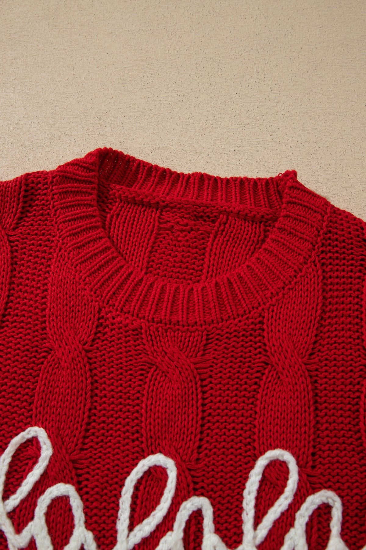 Christmas Fa La La Cable Knit Sweater in fiery red, back view