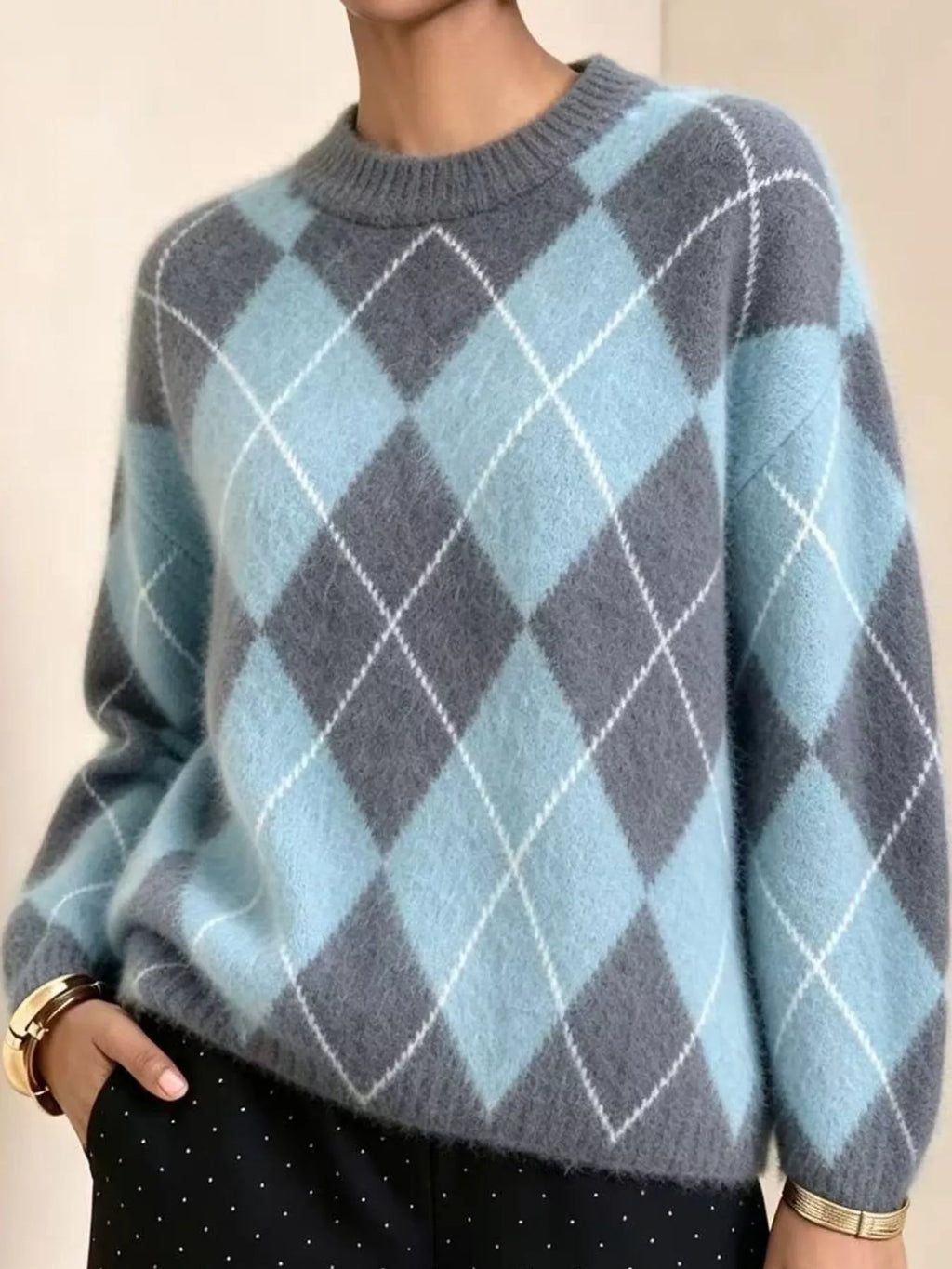 Argyle fuzzy knit sweater, women's relaxed fit - view 14