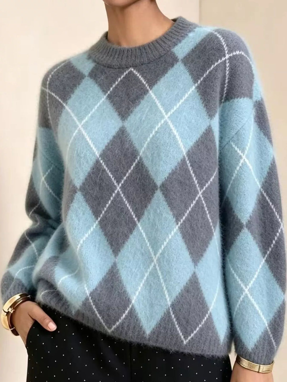 Argyle fuzzy knit sweater, women's relaxed fit - view 14