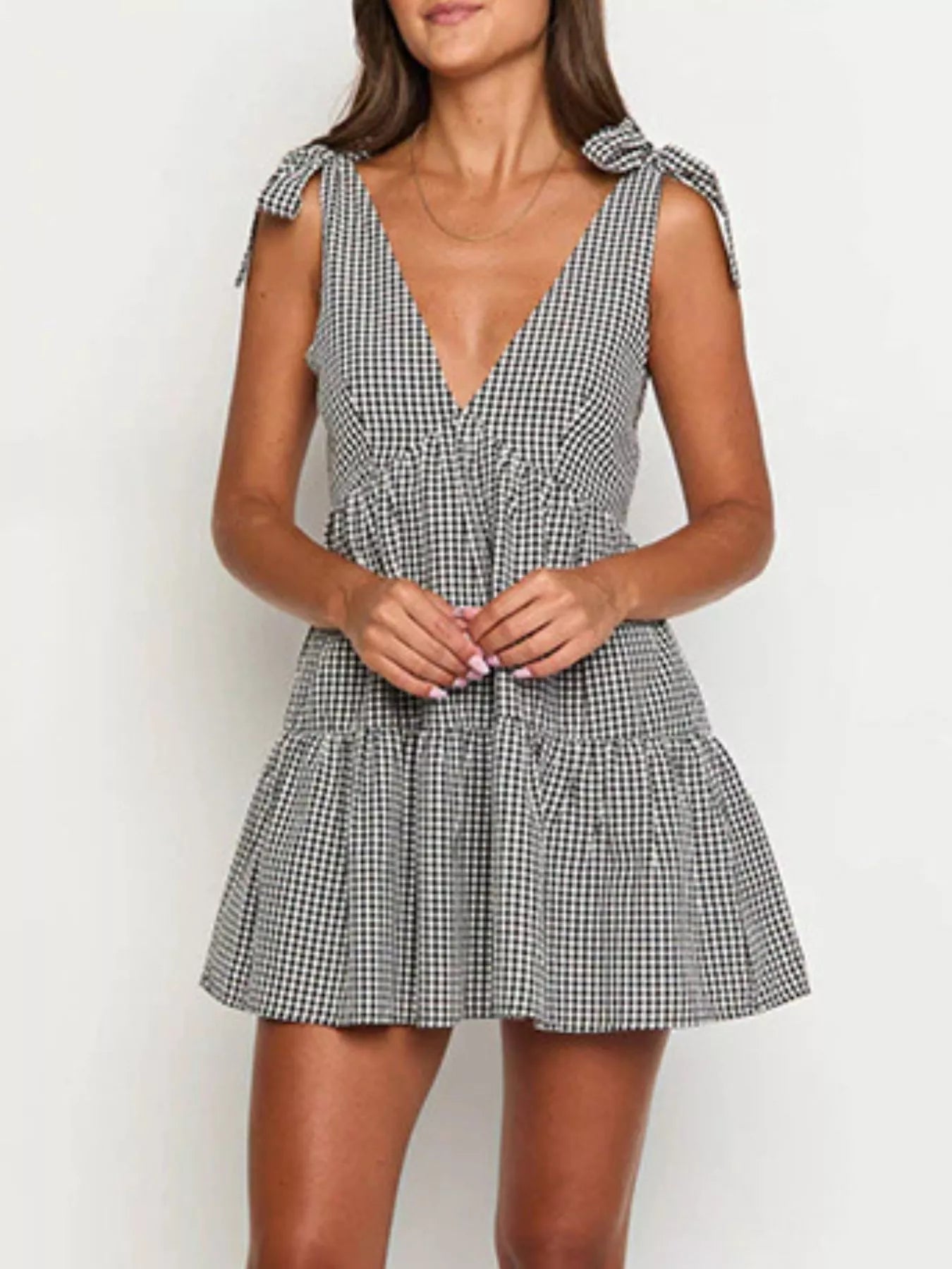 Gingham Tie-Shoulder Mini Dress in Black - back view